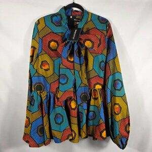 Mae Otti Bibi African Print Peplum Blouse Women's Size XXL Vivid Colors NEW